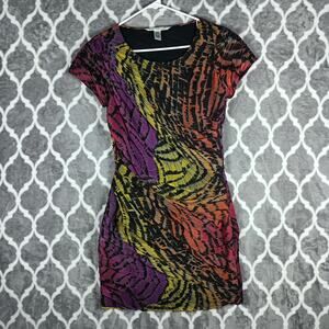 Diane Von Furstenberg Dress Women 6 Multicolor Silk Runched Bodycon Short Sleeve